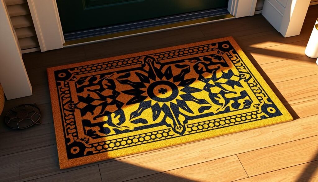 A beautifully crafted, intricate doormat design featuring a bold, stylized pattern of geometric shapes and lines in a visually striking color palette. The design is expertly rendered, with a tactile, handcrafted quality that evokes a sense of artisanal craftsmanship. The doormat is positioned on a smooth, wooden porch, illuminated by warm, natural lighting that casts subtle shadows, adding depth and dimension to the scene. The overall composition is balanced and visually compelling, capturing the essence of a unique, personalized home accessory that would elevate any entryway.