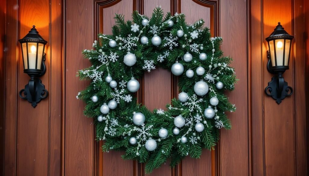 A beautifully crafted winter wreath adorns the wooden door, its lush evergreen boughs interwoven with delicate silver and white ornaments. Sparkling snowflakes, both large and small, are scattered throughout, casting a magical, icy glow. Warm lighting from sconces on either side casts a cozy, inviting ambiance, while a light dusting of snow on the doorframe completes the picturesque winter scene. The wreath is the centerpiece, drawing the eye and setting the tone for a welcoming, festive entryway.