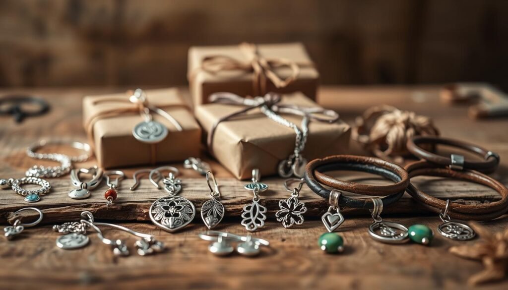 A beautifully lit, close-up photograph of an assortment of handmade jewelry pieces displayed on a rustic wooden surface. The foreground features a selection of intricate necklaces, earrings, and bracelets crafted from high-quality, natural materials like sterling silver, semi-precious stones, and leather. The middle ground showcases a few artfully arranged gift boxes wrapped in kraft paper and twine, hinting at the care and attention put into these personalized presents. The background is softly blurred, creating a warm, intimate atmosphere that evokes a sense of artisanal craftsmanship and thoughtful gift-giving.