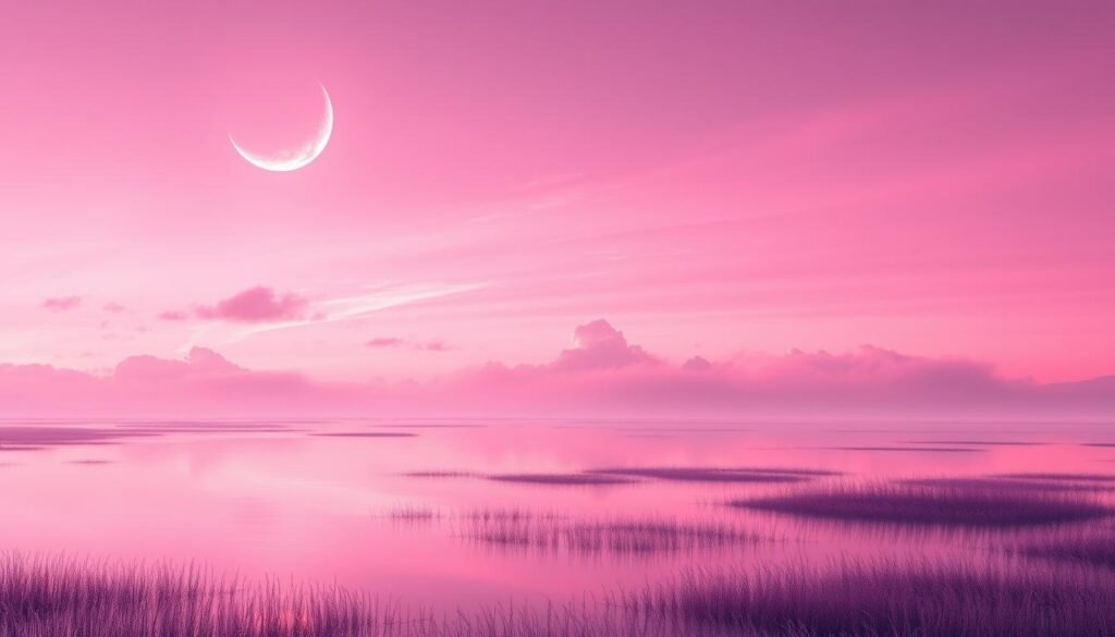 A breathtaking pink sky painting technique, with a vibrant crescent moon illuminating the ethereal landscape. In the foreground, a tranquil lake reflects the soft, pastel hues, creating a mesmerizing mirror effect. In the middle ground, wispy clouds drift lazily, infused with a warm, glowing light. The background features a stunning, gradient sky, transitioning from a deep fuchsia at the horizon to a delicate blush at the zenith. The scene is bathed in a warm, diffused lighting, evoking a sense of serenity and wonder. This dreamlike composition captures the essence of a serene, moonlit evening, perfect for inspiring artists and their canvas creations.