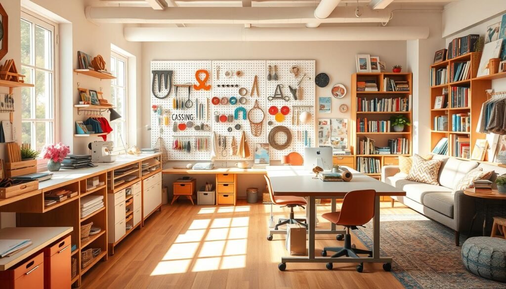 A bright, airy craft studio with natural lighting streaming through large windows. The foreground features a long, customizable workbench with adjustable shelves and storage cubbies, perfect for organizing sewing, painting, and other creative tools. In the middle ground, a wall-mounted pegboard displays an array of colorful craft supplies, hooks, and hanging organizers, allowing the space to be tailored to individual needs. The background showcases a cozy reading nook with plush seating and a bookshelf filled with inspiring art and design tomes. Warm, earthy tones and natural textures create a calming, rejuvenating atmosphere for the creative process to unfold.