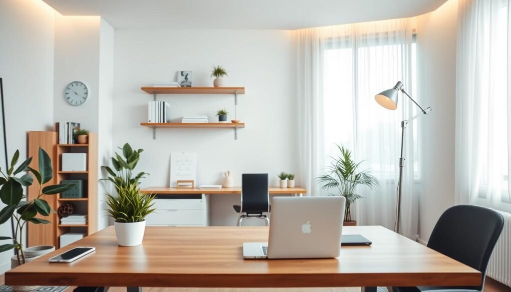 A bright, airy home office with a clean, minimalist aesthetic. In the foreground, a wooden desk with a sleek laptop, a few carefully placed office supplies, and a potted plant adding a touch of greenery. The middle ground features a floating shelf displaying neatly organized books and decorative objects. The background showcases a large window with sheer curtains, allowing natural light to flood the space and create a serene, productive atmosphere. The room is illuminated by a mix of warm, diffused overhead lighting and task lighting from a modern desk lamp. The overall composition conveys a sense of order, efficiency, and a thoughtfully curated workspace designed to maximize focus and creativity. A bright, airy home office with a clean, minimalist aesthetic. In the foreground, a wooden desk with a sleek laptop, a few carefully placed office supplies, and a potted plant adding a touch of greenery. The middle ground features a floating shelf displaying neatly organized books and decorative objects. The background showcases a large window with sheer curtains, allowing natural light to flood the space and create a serene, productive atmosphere. The room is illuminated by a mix of warm, diffused overhead lighting and task lighting from a modern desk lamp. The overall composition conveys a sense of order, efficiency, and a thoughtfully curated workspace designed to maximize focus and creativity.