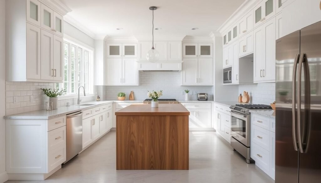A bright, airy kitchen with crisp white cabinets and a warm oak island. Smooth, honed marble countertops in a soft, subtle gray create a balanced contrast, reflecting the natural light that pours in through large windows. Sleek stainless steel appliances and minimalist hardware lend an air of modern sophistication. The overall design strikes a harmonious balance between clean lines, natural textures, and a calming, neutral color palette, evoking a timeless, elegant aesthetic.