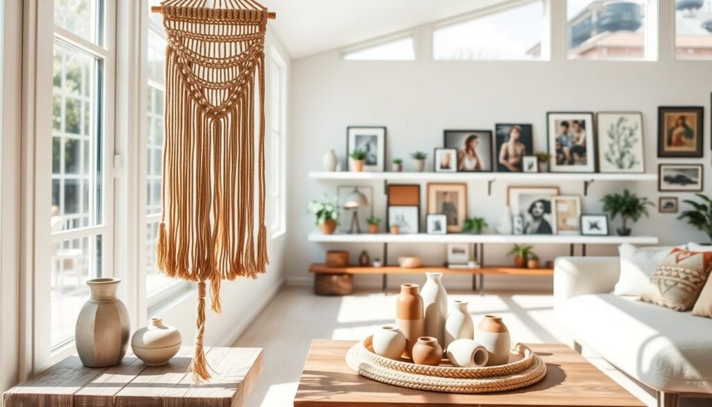 A bright, airy living room with natural light streaming through large windows. In the foreground, a DIY macrame wall hanging in earthy tones cascades gracefully, adding a bohemian touch. On a reclaimed wood side table, a collection of handcrafted ceramic planters and vases in muted hues sit atop a woven rattan tray. In the middle ground, a simple, modern DIY floating shelves display an eclectic mix of small plants, framed art, and decorative objects. The background features a minimalist gallery wall with various abstract prints and paintings, creating a visually stimulating and personalized space.