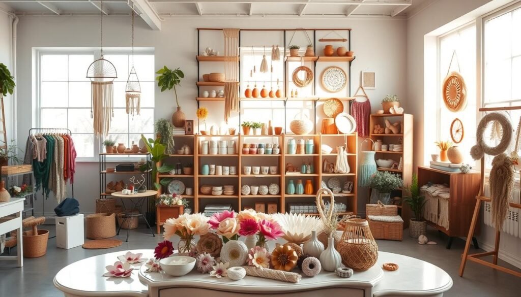 A bright, airy studio space showcasing an assortment of captivating craft projects. In the foreground, an elegant table displays a variety of handmade items, from delicate paper flowers to intricate macrame wall hangings. The middle ground features a mix of wooden shelves and floating display units, showcasing an array of colorful, textured crafts - knitted scarves, ceramic mugs, and ornate embroidered hoops. The background is bathed in warm, natural light filtering through large windows, creating a welcoming, inspirational atmosphere. The overall scene exudes a sense of creativity, craftsmanship, and a celebration of DIY artistry.
