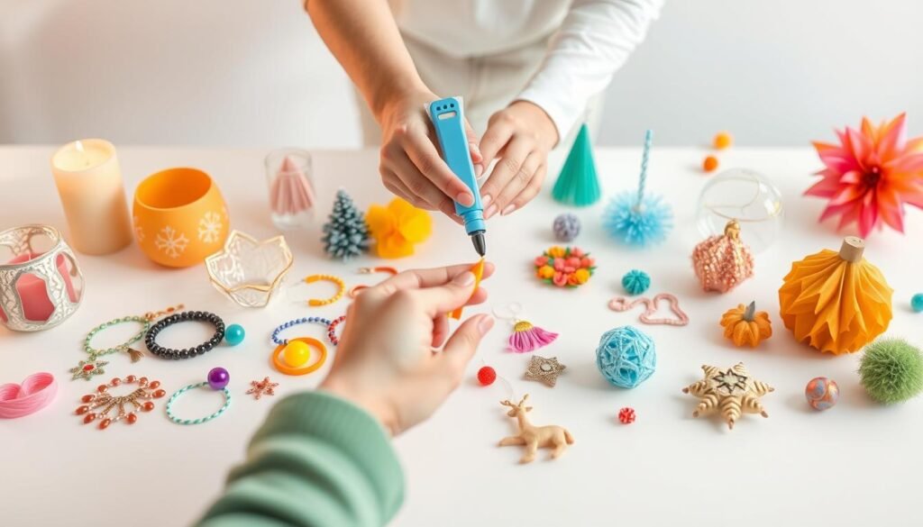 A bright, well-lit tutorial scene showcasing a variety of colorful hot glue projects on a clean, white tabletop. In the foreground, a diverse assortment of finished crafts, including decorative candleholders, jewelry, and seasonal ornaments, all meticulously crafted with vibrant hot glue. In the middle ground, a skilled pair of hands delicately applying hot glue to create a new project, captured from a dynamic, overhead angle. The background features a simple, minimalist setting, allowing the crafts to take center stage. The overall mood is one of creativity, inspiration, and the satisfying DIY process, captured through warm, diffused lighting and a crisp, clean aesthetic.