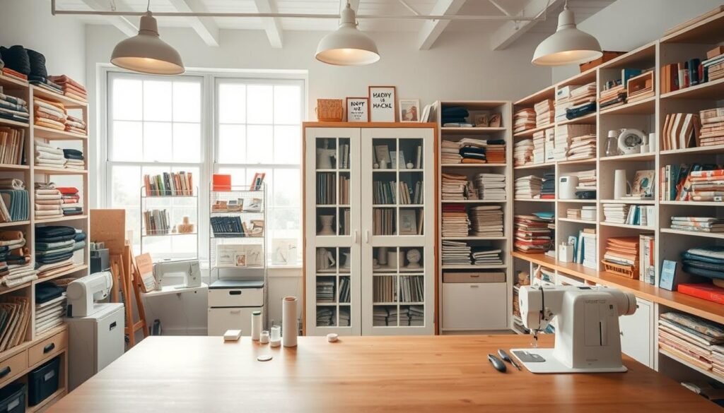 A bright, well-organized sewing room with functional storage solutions. A wooden workbench dominates the foreground, its surface lined with various sewing tools and notions. Behind it, an expansive wall-mounted shelving unit displays neatly folded fabrics, spools of thread, and sewing machine accessories. In the middle ground, a tall storage cabinet with glass doors showcases a collection of vintage sewing patterns and sewing machine manuals. Soft, diffused lighting from overhead lamps creates a warm, inviting atmosphere, while large windows in the background allow natural light to flood the space. The room exudes a sense of order and creativity, inspiring the seamstress to tackle any sewing project with ease.