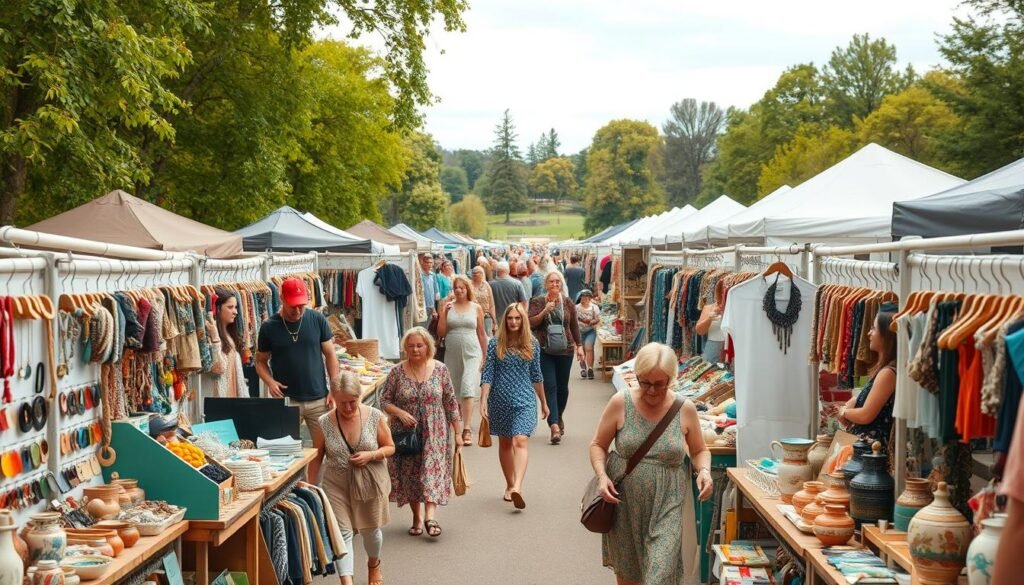 A bustling craft fair, teeming with handmade goods and artisanal wares. Rows of colorful booths display an array of unique and artfully crafted items, from intricate jewelry and pottery to handwoven textiles and whimsical home decor. In the middle ground, shoppers meander through the lively scene, admiring the craftsmanship and making thoughtful purchases. The background is a blend of natural elements - a sun-dappled park, lush greenery, and the warm glow of an overcast sky, creating a cozy, inviting atmosphere. Crisp, clean lighting and a wide-angle lens capture the energy and vibrancy of this thriving marketplace for handmade crafts.