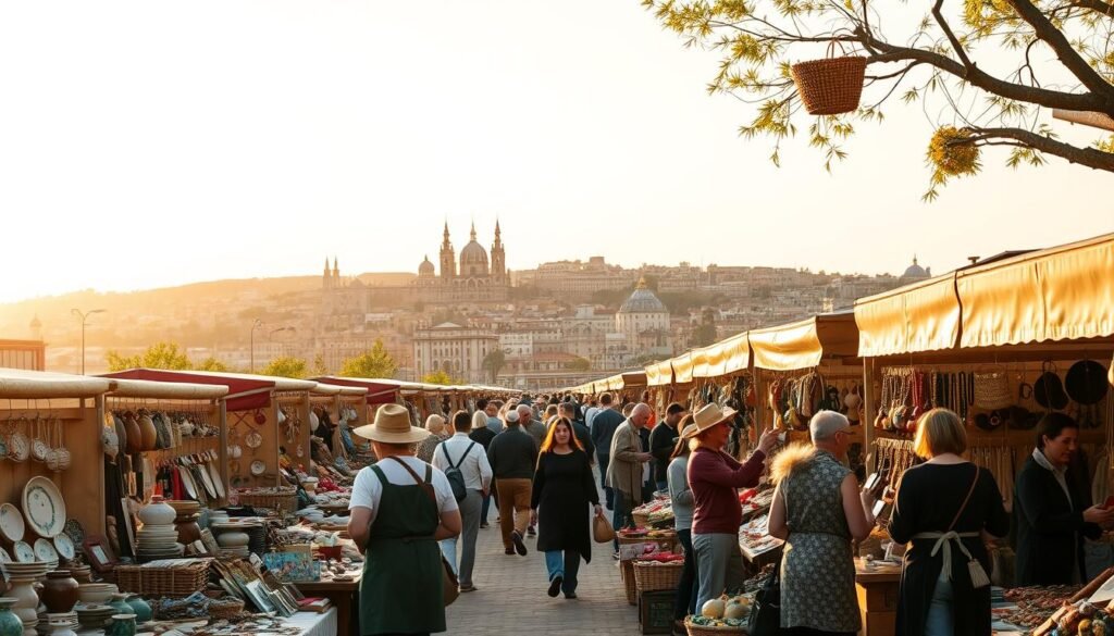 A bustling handmade items market set against a warm, golden-hour backdrop. In the foreground, an array of handcrafted wares - intricate ceramics, woven baskets, artisanal jewelry, and unique home decor. Vendors in aprons and hats proudly display their creations, engaged with eager customers. The middle ground features rows of colorful, eclectic stalls, their canopies casting interesting shadows. In the background, a historic city skyline with towering spires and domes, hinting at the rich cultural heritage. The atmosphere is vibrant, with a sense of community and appreciation for the artisanal craftsmanship on display.