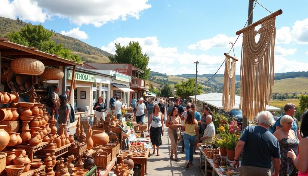 A bustling open-air craft market, bathed in warm afternoon sunlight. In the foreground, a diverse array of handmade goods - woven baskets, pottery, carved wooden figurines, and intricate macrame wall hangings. Artisans stand behind their displays, engaging customers and demonstrating their techniques. In the middle ground, browsing shoppers meander through the stalls, examining the unique creations. The background is a blend of quaint storefronts and natural scenery - rolling hills, lush greenery, and a clear blue sky dotted with fluffy clouds. The atmosphere is one of vibrant creativity, community, and a celebration of the handmade.