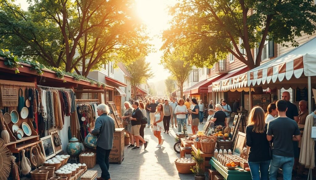 A bustling outdoor craft fair, set against the backdrop of a charming small-town main street. In the foreground, artisanal vendors display an array of handmade treasures - intricate weavings, whimsical ceramics, rustic woodcarvings, and vibrant paintings. The middle ground is alive with shoppers browsing the stalls, chatting with the makers, and sampling local delicacies. Warm sunlight filters through the trees, casting a golden glow over the scene. In the distance, quaint storefronts and historic buildings line the street, adding to the cozy, community atmosphere. The overall mood is one of creativity, discovery, and the joy of supporting local artisans.