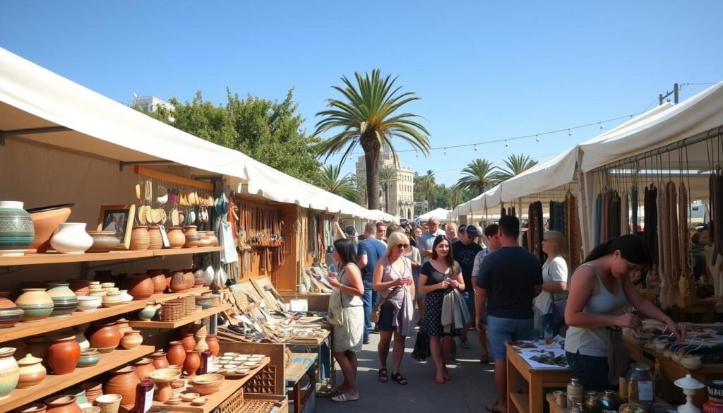 A bustling outdoor craft market, sunlight dappling across neatly arranged stalls showcasing an array of handmade goods. In the foreground, shelves display an eclectic mix of pottery, weavings, and artisanal jewelry. The middle ground features artisans crafting their wares, their focused expressions mirroring the care they put into their work. In the background, a diverse crowd of shoppers examines the offerings, their curiosity and delight palpable. The scene is captured with a wide-angle lens, emphasizing the vibrant energy and growing popularity of the US handmade crafts market.