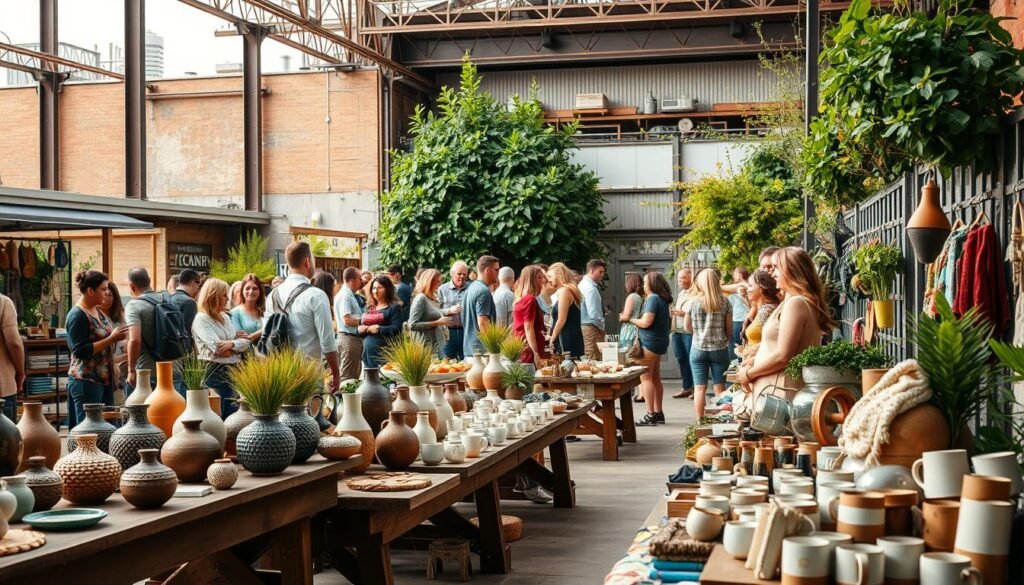 A busy DIY marketplace, showcasing an array of handcrafted products. In the foreground, various craft items are displayed on rustic wooden tables, including decorative vases, knitted scarves, and ceramic mugs. The middle ground features artisans and vendors engaged in lively conversations with customers, highlighting the vibrant energy of the market. In the background, a blend of industrial-style buildings and lush greenery creates a visually appealing setting, bathed in warm, natural lighting. The overall atmosphere conveys a sense of creativity, community, and the growing popularity of handmade, DIY goods.