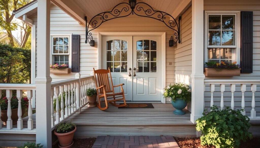 A charming and inviting cottage porch, bathed in warm afternoon sunlight. A pair of cozy rocking chairs sit atop a weathered wooden deck, surrounded by lush potted plants and a tidy brick path leading to the front door. Ornate wrought-iron railings and a decorative arbor arch over the entrance, creating a sense of welcoming elegance. The siding is a soft, muted color, complemented by a traditional gabled roof and tall, multi-paned windows. The overall scene exudes a tranquil, pastoral ambiance, inviting visitors to pause, relax, and savor the simple pleasures of cottage living.