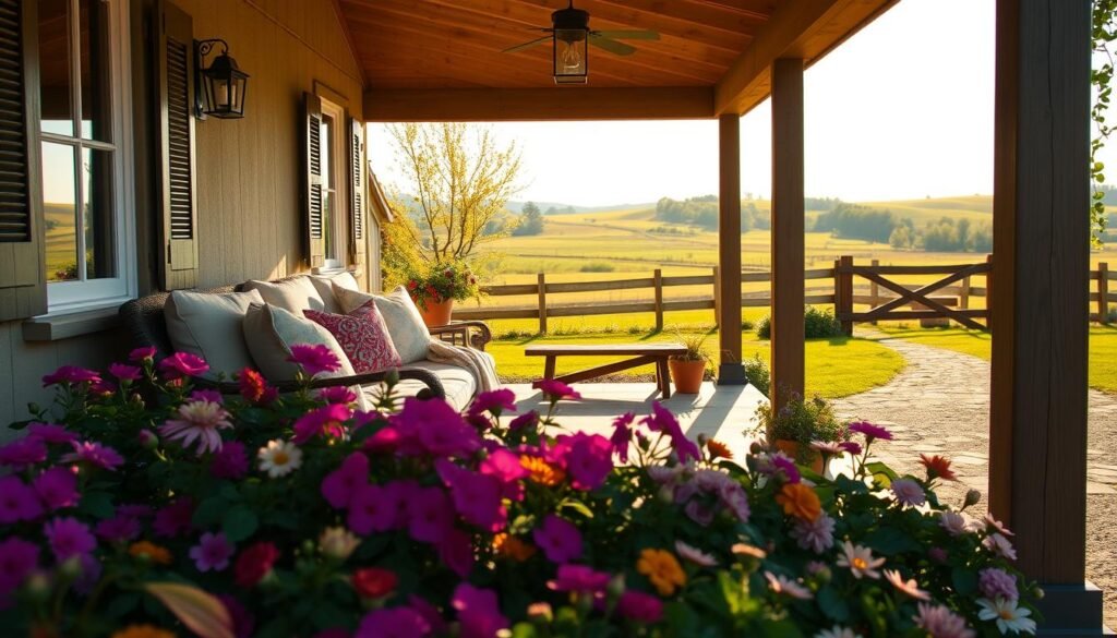 A charming cottage porch bathed in warm afternoon sunlight, with a cozy seating arrangement featuring plush cushions and decorative throws. In the foreground, a well-tended flower bed overflows with vibrant blooms, framing the porch's entrance. The middle ground showcases a rustic wooden bench and potted plants, creating an inviting sense of depth. In the background, a picturesque country landscape with rolling hills and a picket fence, evoking a serene, pastoral atmosphere. The scene exudes a welcoming, relaxed ambiance, perfectly capturing the essence of an elevated cottage porch design.