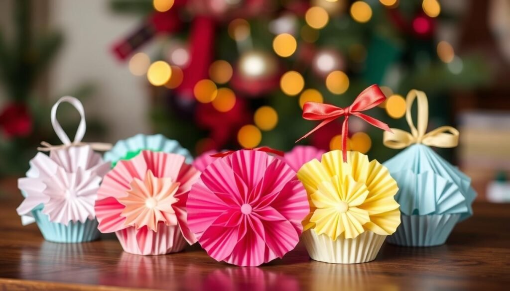 A cheerful assortment of colorful cupcake liner ornaments, arranged on a wooden surface against a softly blurred, cozy holiday backdrop. The liners are artfully folded and shaped into intricate flower-like designs, some with delicate ribbon accents. Warm, directional lighting casts gentle shadows, highlighting the texture and vibrant hues of the paper cups. The overall scene conveys a sense of homespun charm and festive DIY inspiration, perfect for a Christmas crafting tutorial.