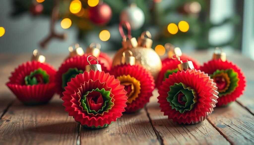 A cheerful assortment of handcrafted cupcake liner ornaments on a rustic wooden surface, bathed in warm holiday lighting. The ornaments feature intricate, nested layers of vibrant red, green, and gold liners, arranged in a visually captivating display. Subtle shadows and reflections add depth and dimension, while a soft, diffused focus draws the eye to the delicate, festive details. The overall scene evokes a sense of homemade charm and seasonal wonder, perfect for showcasing a DIY Christmas craft tutorial.