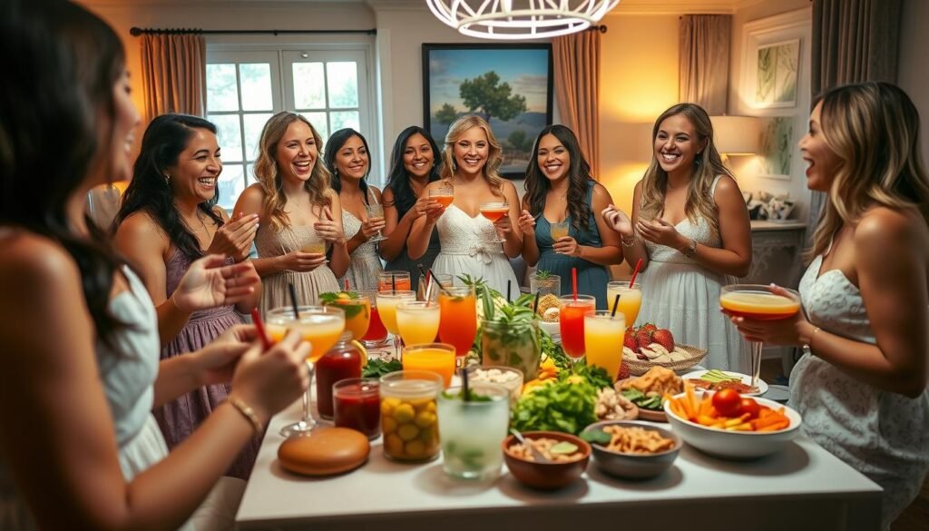 A cheerful celebration of a bride-to-be and her friends enjoying a variety of lively, alcohol-free activities. In the foreground, the group of women enthusiastically participate in a game of charades, their expressions animated and joyful. In the middle ground, they gather around a large table stocked with a diverse array of mocktails, non-alcoholic cocktails, and colorful, healthy snacks. The background features a cozy, well-lit indoor space, perhaps a stylishly decorated living room or event venue, with large windows that let in warm, natural light. The overall mood is one of togetherness, positivity, and a focus on meaningful connections rather than intoxication.