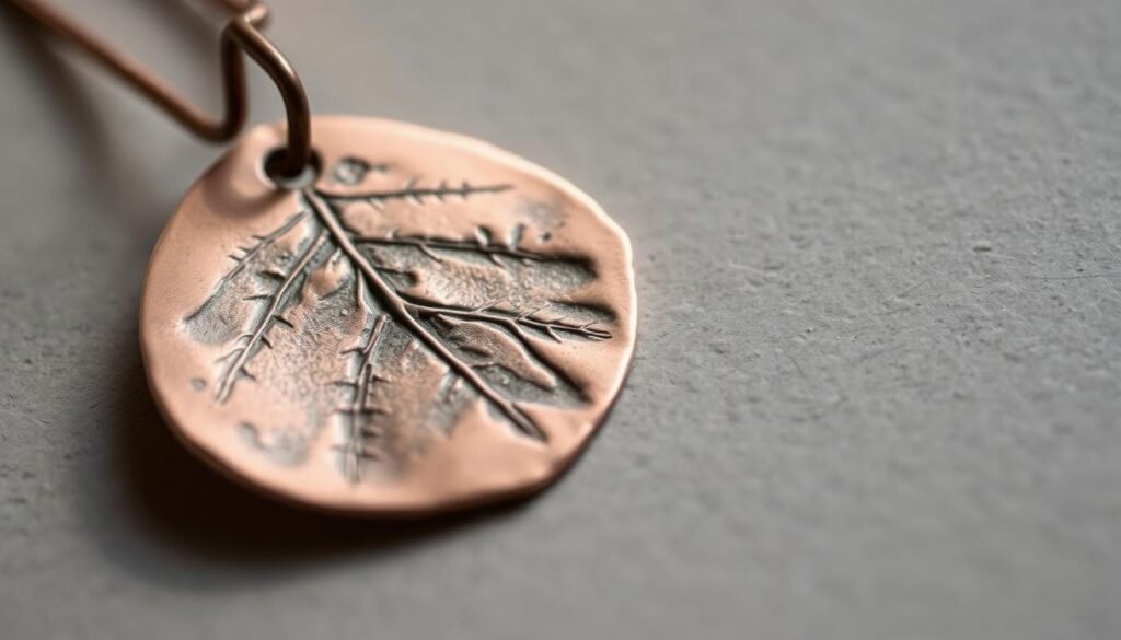 A close-up, detailed shot of a handcrafted leaf imprint jewelry design piece. The imprint is delicately pressed into a soft, matte metal like bronze or copper, capturing the intricate veining and organic texture of a real leaf. The piece is lit from the side, casting gentle shadows that accentuate the dimensional details. The background is a plain, neutral color that allows the jewelry to take center stage. The overall mood is one of natural elegance and artisanal craftsmanship, showcasing the beauty of this unique, handmade accessory.