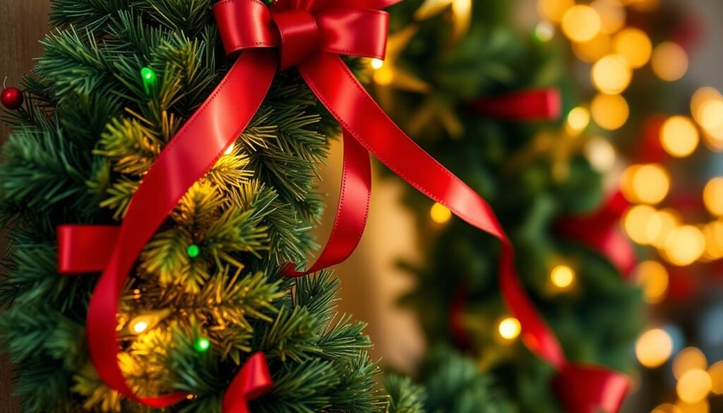 A close-up, detailed view of a lush, festive ribbon wreath. The wreath is made of vibrant red, green, and gold satin ribbons, expertly woven and arranged in a symmetrical, decorative pattern. The ribbons appear soft and supple, catching the warm, gentle light from an unseen source, creating a glowing, inviting ambiance. The wreath is set against a blurred, out-of-focus background, allowing the intricate ribbon work to be the focal point. The composition emphasizes the tactile, three-dimensional quality of the wreath, showcasing the skilled craftsmanship and attention to detail required to create this enchanting holiday decoration.