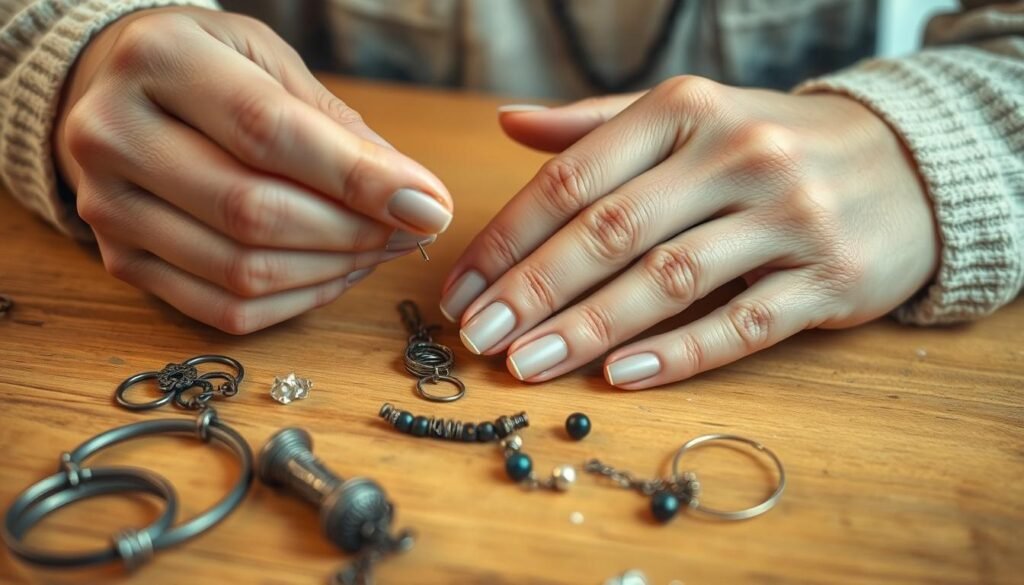 A close-up, high-resolution image of a woman's hands skillfully crafting handmade jewelry. Intricate metal work, delicate beading, and precise wire wrapping are showcased against a warm, natural wooden surface. Soft, diffused lighting illuminates the jewelry-making process, casting gentle shadows and highlighting the textures of the materials. The focus is on the hands and the jewelry, with the background blurred to keep the attention on the creative act. The overall mood is one of artistry, concentration, and the joy of crafting.