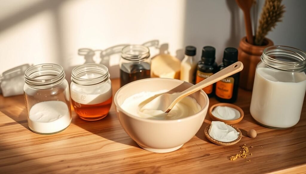 A close-up, high-resolution, well-lit scene of a DIY cleansing balm preparation. On a clean, wooden counter, glass jars filled with various natural ingredients such as coconut oil, shea butter, and essential oils are arranged neatly. A ceramic mixing bowl sits in the center, with a small spatula dipping into the creamy, homemade balm mixture. Soft, directional lighting illuminates the scene, creating warm shadows and highlights that emphasize the texture and colors of the organic materials. The overall atmosphere is one of peaceful, mindful self-care, inviting the viewer to imagine the calming process of creating this nourishing, handmade cleansing balm.