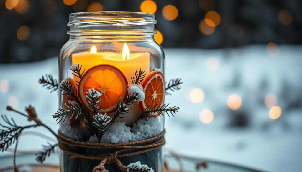 A close-up photograph of a rustic mason jar centerpiece, set against a softly blurred winter landscape. The jar is filled with delicate, snow-dusted pine branches, dried orange slices, and flickering LED candles, casting a warm, cozy glow. The composition is balanced, with the jar positioned slightly off-center, allowing the background to shine through. Warm, diffused lighting from the side illuminates the textures and details, creating a sense of depth and dimension. The overall mood is serene, inviting, and perfectly suited for a festive holiday display.