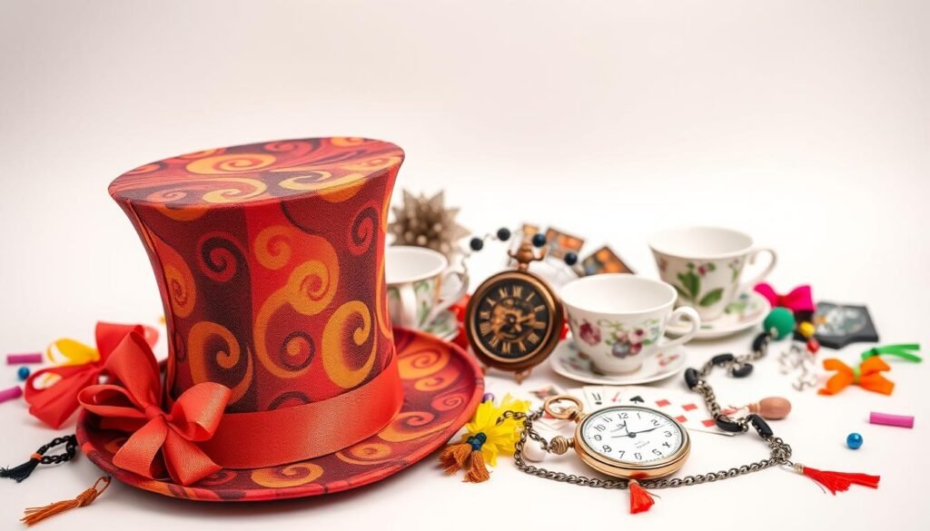 A close-up photograph of an assortment of mad hatter costume accessories, showcased against a plain white background with soft, even lighting. In the foreground, a vibrant top hat with intricate swirling patterns and a playful ribbon trim. Beside it, a set of mismatched teacups and saucers, each with a unique design, conveying the whimsical spirit of the Mad Hatter. In the middle ground, an ornate pocketwatch on a long chain, its face adorned with an intricate clockwork mechanism. Surrounding these elements, an array of decorative pieces such as playing cards, colorful bows, and tasseled embellishments, all carefully arranged to create a visually captivating and cohesive display.