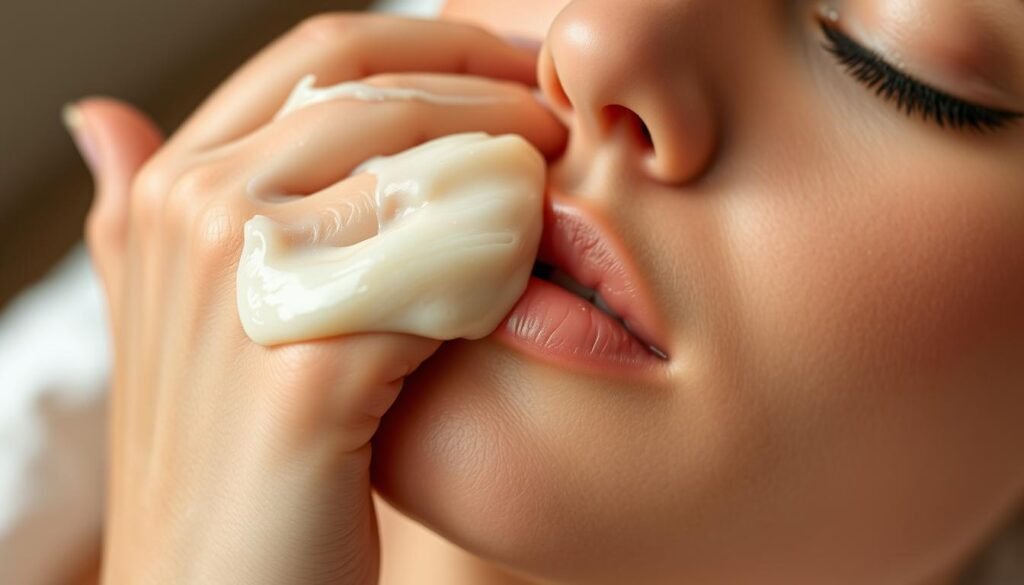 A close-up shot of a hand gently massaging a luxurious, creamy cleansing balm into the skin of the face. The balm has a rich, buttery texture and a soothing, floral aroma. Soft, diffused lighting illuminates the scene, creating a calming, spa-like atmosphere. The skin appears radiant and refreshed as the balm melts away impurities and makeup, leaving a healthy, glowing complexion. The background is blurred, placing the focus entirely on the cleansing ritual. The overall mood is one of relaxation, self-care, and a mindful, intentional skincare routine.