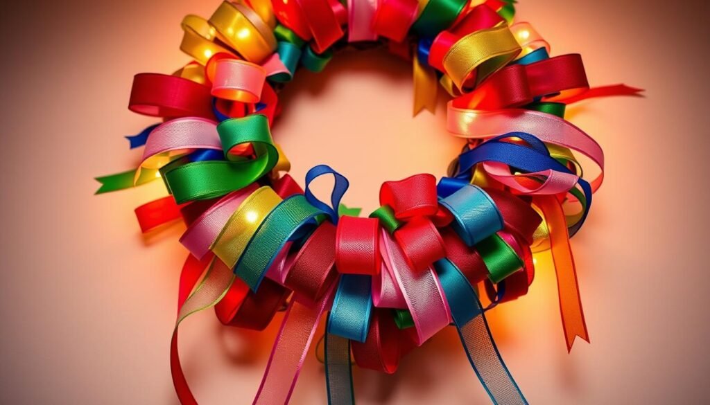 A close-up shot of a handmade ribbon wreath, illuminated by warm, soft lighting. The wreath is displayed against a muted, cozy background, perhaps a neutral-toned wall or surface. The wreath is crafted from vibrant, festive ribbons in a mix of colors and textures, such as satin, velvet, and sheer organza, arranged in a visually striking, symmetrical pattern. The ribbons cascade gracefully, creating a sense of movement and elegance. The overall composition conveys a sense of holiday cheer, creativity, and a touch of rustic charm, perfectly suited for a DIY Christmas craft feature.
