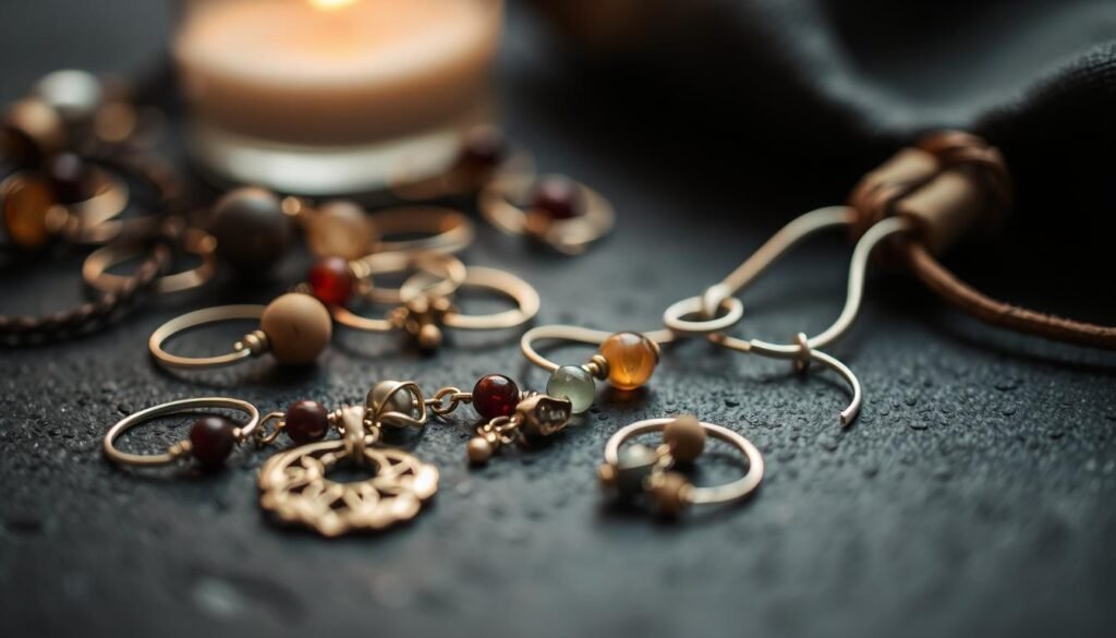 A close-up shot of delicate handmade jewelry on a dark, textured surface. The focus is on the intricate craftsmanship, with a mix of metallic and natural elements like gemstones, beads, and leather. The lighting is soft and warm, creating a cozy, intimate atmosphere. The composition highlights the unique design and attention to detail, showcasing the creativity and skill involved in these one-of-a-kind accessories. The background is blurred, allowing the jewelry to take center stage and inspire the viewer to explore the possibilities of this craft.