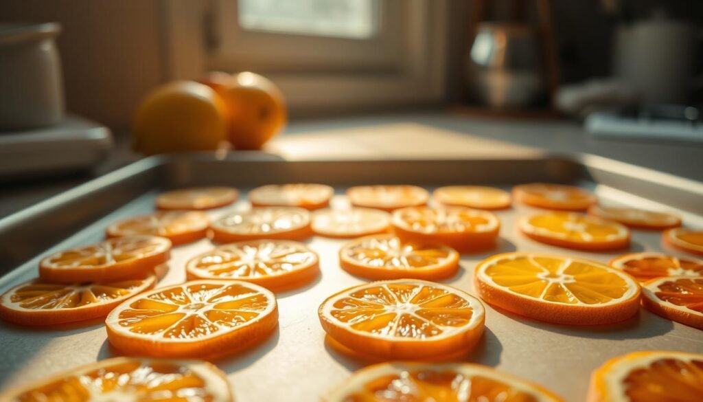 A close-up shot of freshly sliced citrus fruits neatly arranged on a light-colored baking sheet, gently bathed in warm, golden-hued lighting that filters through a kitchen window. The slices are evenly spaced, showcasing their vibrant, sun-kissed hues and delicate patterns. The scene exudes a sense of domestic tranquility, with a minimalist, rustic aesthetic that complements the natural beauty of the dehydrating citrus. The overall atmosphere is one of simplicity, patience, and a connection to the rhythms of nature.
