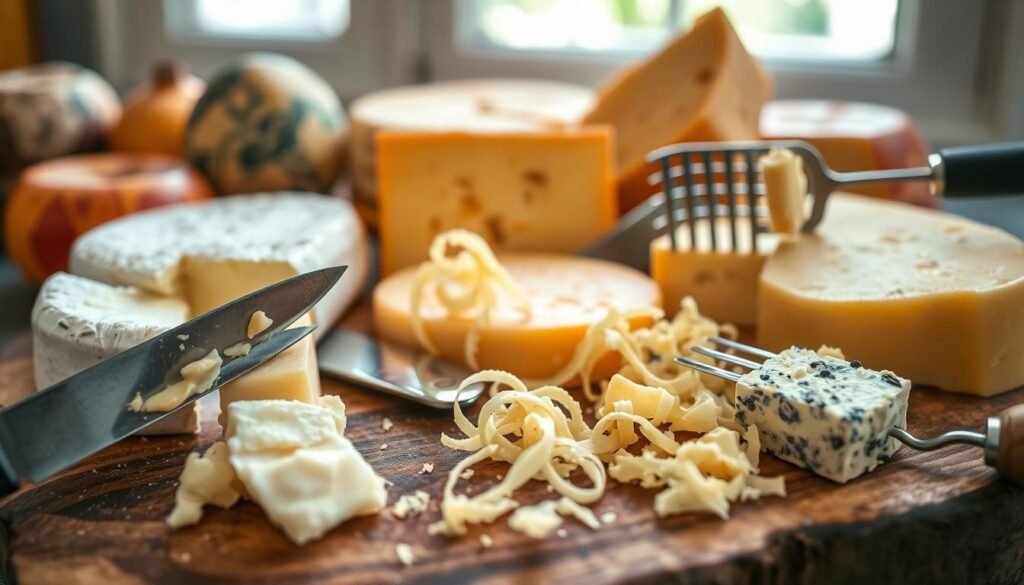 A close-up shot of various cheese cutting techniques, showcased on a rustic wooden board. In the foreground, a sharp knife precisely slices through a creamy brie, revealing its soft, gooey interior. Beside it, a wire cheese slicer effortlessly peels thin, delicate shavings from a firm, aged cheddar. In the middle ground, a cheese plane carves delicate curls from a wedge of parmesan, while a cheese fork deftly spears and lifts a cube of sharp blue cheese. The background features an assortment of whole cheeses, their rinds and textures visible, set against a backdrop of natural light filtering through a window, casting a warm, inviting glow over the scene. A close-up shot of various cheese cutting techniques, showcased on a rustic wooden board. In the foreground, a sharp knife precisely slices through a creamy brie, revealing its soft, gooey interior. Beside it, a wire cheese slicer effortlessly peels thin, delicate shavings from a firm, aged cheddar. In the middle ground, a cheese plane carves delicate curls from a wedge of parmesan, while a cheese fork deftly spears and lifts a cube of sharp blue cheese. The background features an assortment of whole cheeses, their rinds and textures visible, set against a backdrop of natural light filtering through a window, casting a warm, inviting glow over the scene.