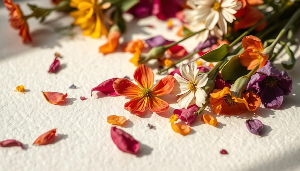 A close-up still life of vibrant, freshly picked flowers in the process of being pounded onto a textured, off-white paper surface. The petals and leaves are delicately pressed, creating intricate, abstract patterns and textures. Soft, natural lighting from the side casts gentle shadows, highlighting the organic shapes and colors. The composition is tightly framed, filling the frame with the floral elements. An overall muted, earthy palette with pops of vivid hues evokes a sense of tranquility and mindfulness. The end result is a visually striking piece of botanical, process-based artwork.