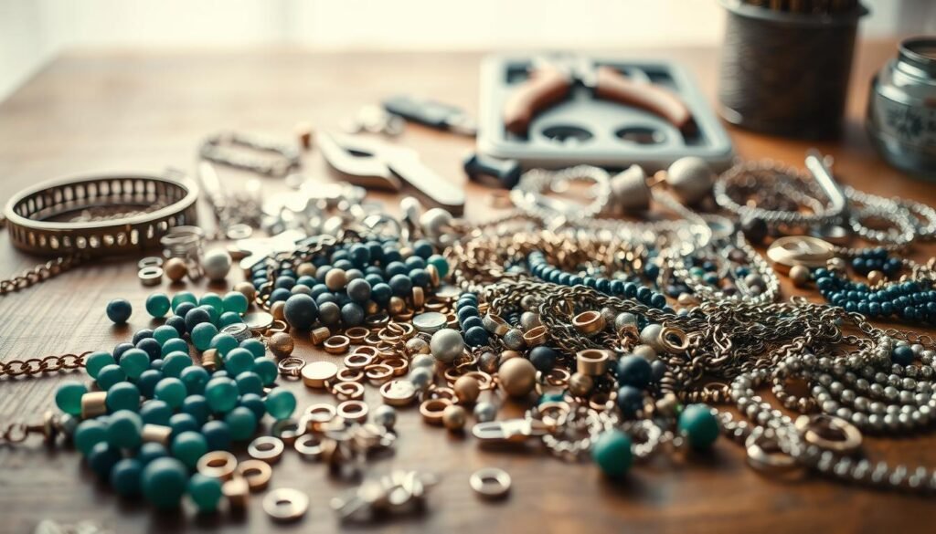 A close-up still life scene of various jewelry-making tools and materials on a wooden table. In the foreground, an assortment of beads, clasps, chains, and findings are neatly arranged. In the middle ground, a pair of pliers, wire cutters, and a jewelry-making kit are visible. The background features a soft, diffused lighting that creates a warm, inviting atmosphere, emphasizing the artisanal and handcrafted nature of the scene. The overall composition conveys a sense of creativity, inspiration, and the joy of DIY jewelry-making.