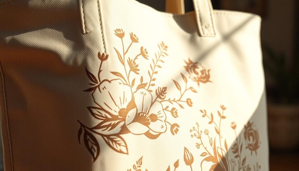 A close-up view of a delicate floral stencil pattern printed on a high-quality tote bag, illuminated by warm, natural lighting. The stencil design features intricate, hand-drawn sketches of vibrant, blooming flowers and lush foliage in a harmonious, botanical arrangement. The tote bag is made of durable, off-white cotton canvas, with a sturdy, reinforced strap. The scene is captured from a slightly elevated angle, showcasing the tactile texture of the fabric and the precise, crisp edges of the stenciled pattern. The overall mood is one of elegant simplicity, inviting the viewer to imagine the process of creating this personalized, handmade accessory.