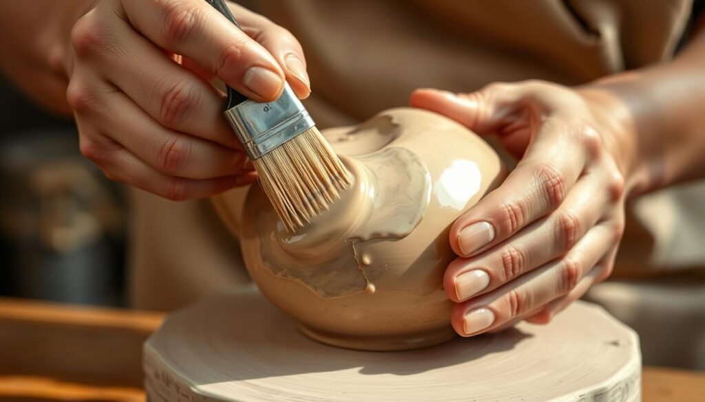 A close-up view of a potter's hands delicately applying a glossy ceramic glaze to the surface of an air-dry clay sculpture. The glaze is being smoothly brushed on in thin, even layers, revealing the intricate texture and contours of the clay piece. Warm, natural lighting casts a soft glow, highlighting the translucent quality of the glaze as it dries. The background is blurred, placing the focus entirely on the precise, meditative glazing technique. The overall mood is one of careful craftsmanship and the joy of transforming a simple clay form into a polished, artful creation.