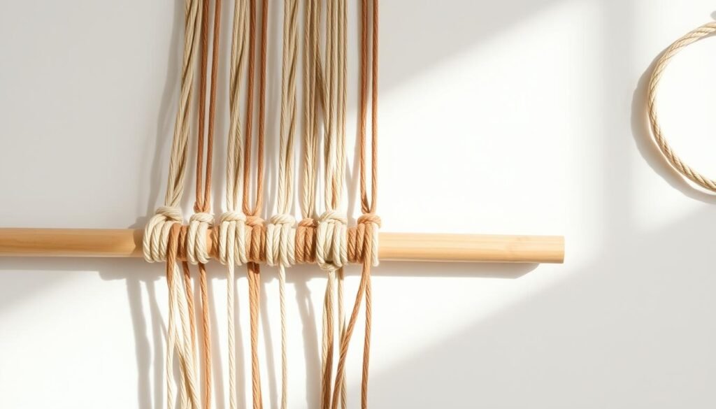 A close-up view of a serene workspace, showcasing the delicate arrangement of macrame cords on a wooden dowel. The cords, in a range of earthy tones, are precisely positioned and interwoven, creating a harmonious pattern that hints at the intricate process of macrame weaving. Soft, diffused lighting illuminates the scene, casting gentle shadows that accentuate the texture and depth of the materials. The dowel is positioned at a slight angle, creating a dynamic and visually appealing composition. The overall atmosphere exudes a sense of tranquility and focus, perfectly capturing the essence of the "Building Your Wall Hanging: Setting Up and Weaving the Pattern" section of the DIY Macrame Wall Hanging guide.