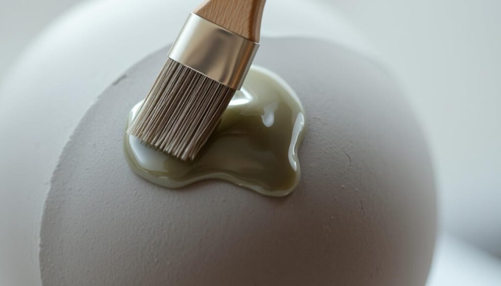 A close-up view of a shiny, transparent liquid being carefully applied to the surface of a matte, gray air-dry clay sculpture. The application is being done with a small, soft-bristle brush, creating an even, glistening coat. The lighting is soft and diffused, highlighting the reflective nature of the varnish and the subtle texture of the clay beneath. The background is blurred, keeping the focus on the interaction between the varnish and the clay. The overall mood is one of care, attention to detail, and the transformation of the material from a raw, matte finish to a polished, protected surface.