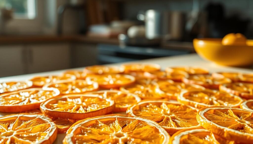 A close-up view of freshly dehydrated citrus slices, arranged in a neat pattern, bathed in warm, natural lighting. The slices are golden-hued, with intricate patterns and textures visible on their surfaces, reflecting the gradual process of moisture removal. In the background, a blurred, minimalist setup suggests a kitchen or workshop environment, emphasizing the methodical nature of the dehydration process. The image conveys a sense of tranquility and focus, inviting the viewer to appreciate the subtle nuances and artistry inherent in the sustainable transformation of this everyday fruit.