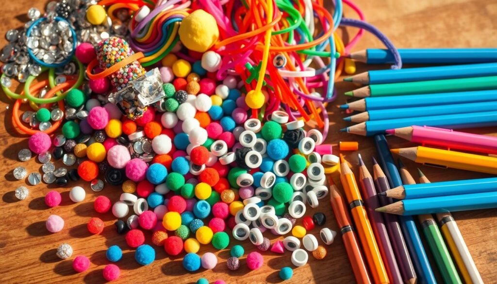 A cluttered assortment of colorful dollar store craft supplies, including glittering sequins, pom-poms, pipe cleaners, googly eyes, and an array of vibrant markers and colored pencils. The supplies are arranged haphazardly on a wooden surface, casting interesting shadows and highlights under warm, diffused lighting. The overall composition conveys a sense of creativity, spontaneity, and the endless possibilities of DIY projects for the home.