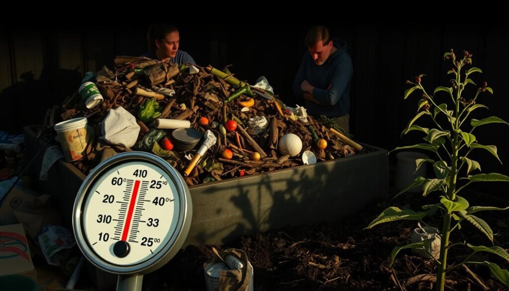 A cluttered compost bin overflowing with discarded food scraps and decaying organic matter, surrounded by frustrated gardeners examining the pile and scratching their heads. A dim, moody lighting casts long shadows, highlighting the challenges of maintaining a healthy, balanced compost system. In the foreground, a close-up view of a thermometer stuck into the compost, indicating an imbalance in temperature. In the background, a withered plant serves as a visual metaphor for the consequences of poor composting practices. The overall scene conveys the common problems faced by those new to composting, providing a relatable and visually engaging illustration for the article's troubleshooting section.