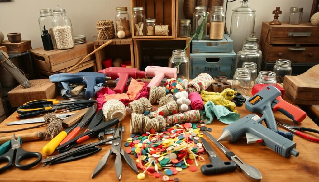 A cluttered table filled with an assortment of DIY upcycling tools and materials. In the foreground, various scissors, pliers, a glue gun, and a hammer are neatly arranged. In the middle ground, colorful fabrics, twine, buttons, and other sewing notions are scattered haphazardly. In the background, a collection of repurposed wooden crates, glass jars, and distressed metal accents create a rustic, vintage-inspired atmosphere. Soft, natural lighting illuminates the scene, casting warm shadows and highlighting the textures of the materials. The overall mood is one of creativity, experimentation, and the joy of transforming everyday items into unique, personalized decor.
