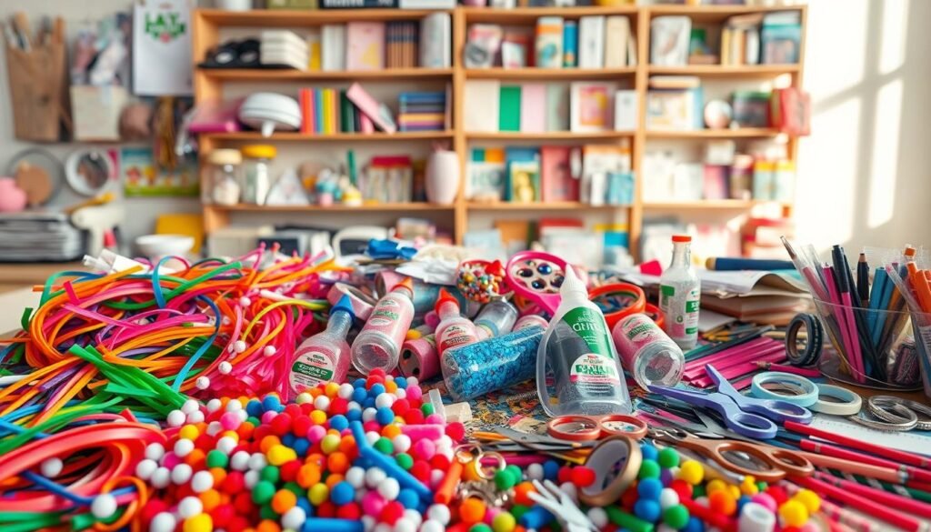 A cluttered table overflowing with an assortment of dollar store crafting supplies. In the foreground, an array of colorful pipe cleaners, pom-poms, googly eyes, and glitter glue bottles in various hues. In the middle ground, an eclectic mix of craft scissors, washi tapes, and embellishments spilling out of their packaging. The background features a wall of shelves stocked with a diverse selection of art and stationery items, casting a warm, natural lighting across the scene. The overall atmosphere is one of creative potential and budget-friendly DIY possibilities.