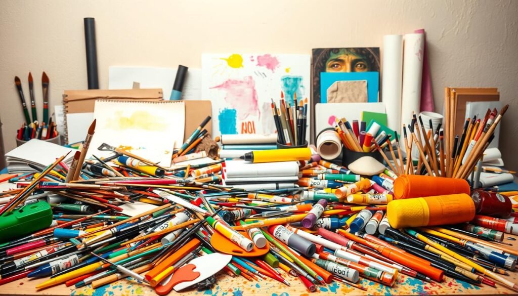 A cluttered tabletop overflows with a vibrant array of dollar store painting supplies. In the foreground, a jumble of brushes, palette knives, and paint tubes in a rainbow of hues spill across the surface. The middle ground features an assortment of canvases, sketchpads, and paper rolls, hinting at the creative possibilities. In the background, a softly lit wall provides a neutral backdrop, allowing the colorful materials to take center stage. The lighting is warm and diffused, casting a welcoming glow over the scene. This lively still life captures the energy and accessibility of beginner-friendly painting projects, inspiring the non-artsy adult to embrace their inner artist.