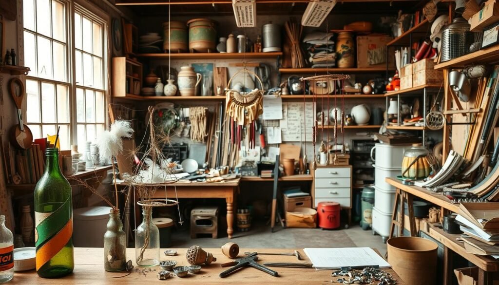 A cluttered, yet cozy workshop filled with an array of repurposed materials and crafting supplies. In the foreground, a display of upcycled home decor pieces - a vase made from a recycled bottle, a decorative wall hanging crafted from scrap fabric and wood, and a whimsical mobile constructed from discarded metal parts. In the middle ground, a workbench overflows with half-finished projects, tools, and inspiration boards showcasing ideas for transforming found objects into unique, one-of-a-kind creations. The background features shelves and storage units brimming with an eclectic mix of thrifted, salvaged, and reclaimed items waiting to be given new life through creative experimentation. Warm, natural lighting filters in through large windows, illuminating the industrious, yet tranquil atmosphere of this DIY haven.