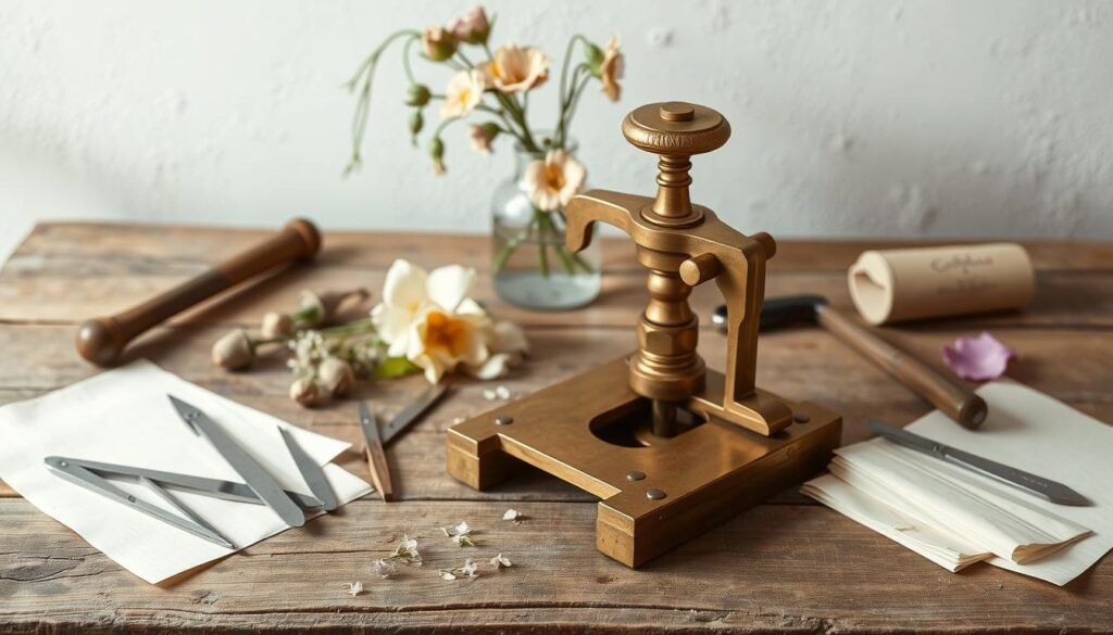 A collection of delicate, vintage-inspired flower pressing tools arranged on a rustic wooden table. In the foreground, a heavy brass flower press, its intricate hardware gleaming in soft, natural lighting. Surrounding it, an assortment of delicate blades, tweezers, and folded blotting paper, their neutral tones complementing the muted, earthy palette. In the middle ground, a vase of freshly picked blooms, their petals and stems awaiting preservation. The background features a neutral, textured wall, allowing the tools and materials to take center stage, creating a serene, artisanal atmosphere befitting the craft of flower pressing.