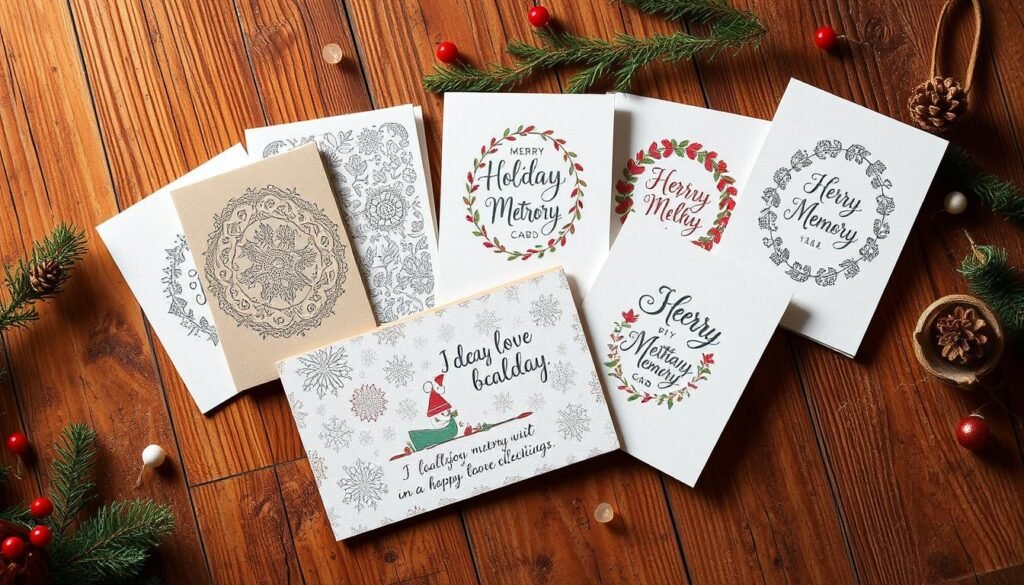 A collection of delightful holiday memory cards resting on a rustic wooden surface, bathed in warm, soft lighting. Intricate patterns and hand-drawn illustrations adorn the card fronts, capturing the joy and whimsy of the season. The cards are arranged in a casual, inviting manner, with a touch of greenery and subtle holiday accents surrounding them, creating a cozy, homespun atmosphere. The overall composition evokes a sense of nostalgia and the enduring appeal of handcrafted, personalized greetings.