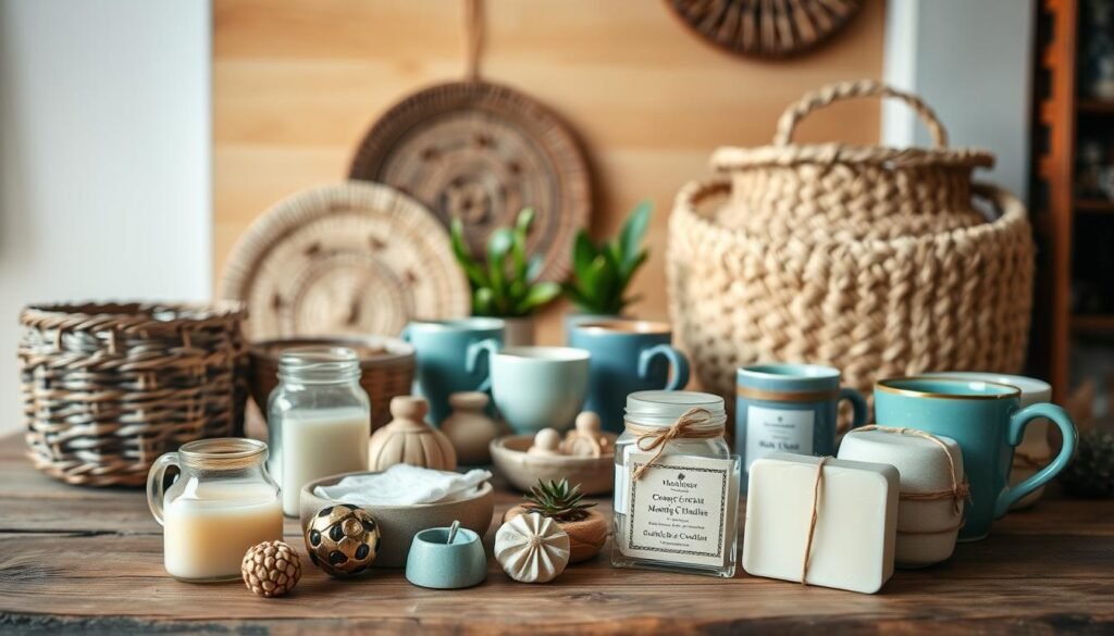 A collection of simple, low-cost DIY products on a rustic wooden table. In the foreground, handmade candles, scented soaps, and decorative trinkets. In the middle ground, woven baskets, colorful ceramic mugs, and a small potted plant. The background features a softly lit, natural-toned wall, creating a warm, inviting atmosphere. The lighting is soft and diffused, highlighting the textures and colors of the handcrafted items. The camera angle is slightly elevated, providing a visually appealing, bird's-eye view of the scene.