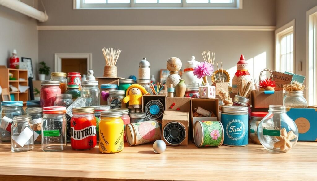 A colorful array of inventive dollar store DIY projects sprawled across a wooden tabletop, showcasing a diverse assortment of upcycled household items transformed into practical and whimsical creations. In the foreground, an assortment of repurposed glass jars, tin cans, and cardboard boxes are thoughtfully arranged, their surfaces adorned with vibrant paints, textured fabrics, and playful embellishments. In the middle ground, an array of handcrafted decorative pieces and functional organizers take shape, each one a testament to the transformative power of creativity and a thrifty spirit. The background features a minimalist, light-filled studio setting, with natural sunlight streaming in through large windows, casting a warm, inviting glow over the entire scene. The overall mood is one of resourcefulness, innovation, and a celebration of the beauty that can be found in the most unexpected of places. A colorful array of inventive dollar store DIY projects sprawled across a wooden tabletop, showcasing a diverse assortment of upcycled household items transformed into practical and whimsical creations. In the foreground, an assortment of repurposed glass jars, tin cans, and cardboard boxes are thoughtfully arranged, their surfaces adorned with vibrant paints, textured fabrics, and playful embellishments. In the middle ground, an array of handcrafted decorative pieces and functional organizers take shape, each one a testament to the transformative power of creativity and a thrifty spirit. The background features a minimalist, light-filled studio setting, with natural sunlight streaming in through large windows, casting a warm, inviting glow over the entire scene. The overall mood is one of resourcefulness, innovation, and a celebration of the beauty that can be found in the most unexpected of places.